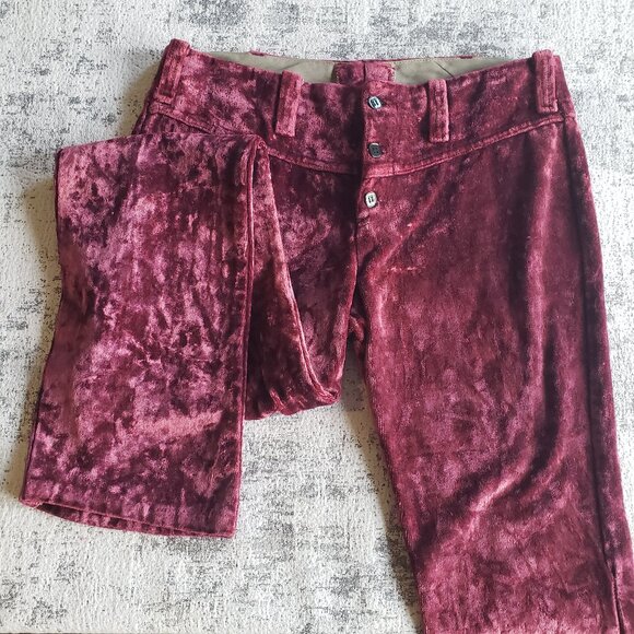 Bright Burgundy Pink Velour Velvet Vintage High Waist Hand Made Button Fly Pants - Picture 4 of 12